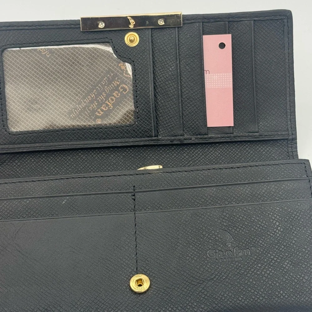 Gaofan Leather and Calf Hair Wallet Clutch Gold Accents Multiple Pockets Slots - Picture 4 of 7